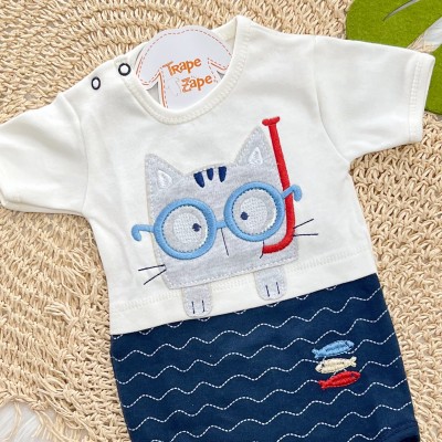 Kit 3 Peças - Bodys Manga Curta Gatinho com Peixinhos - Off White e Marinho